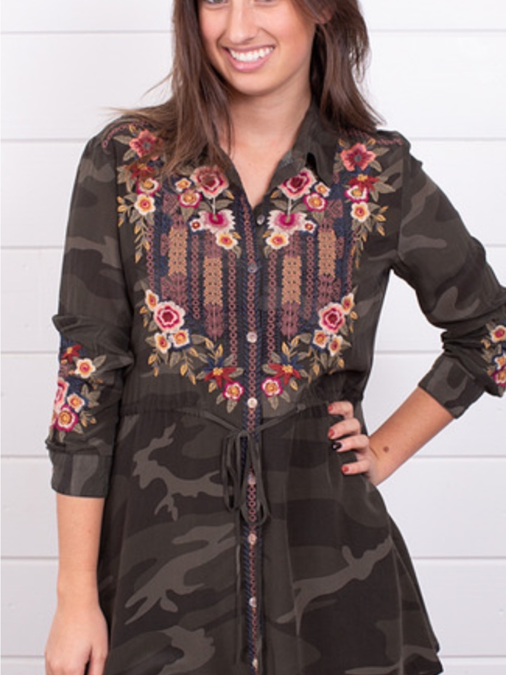 Johnny Was Aaliah drawstring Olive Green Camouflage Tunic with Floral Embroidery